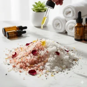 A glass dropper adding lavender essential oil to a pile of coarse mineral aromatherapy bath salts.