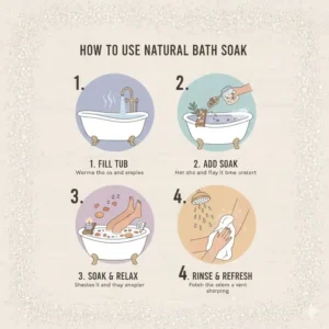 Illustration 2: A step-by-step diagram showing how to dissolve a natural bath soak in warm running water for maximum relaxation.
