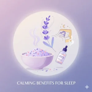 Infographic showing the calming properties of lavender bath salts and essential oils.