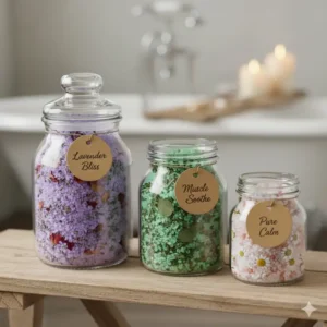 Assortment of homemade natural bath salts in decorative glass jars with customizable labels, highlighting DIY recipes.