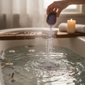 A person pouring aromatic fragrance bath salts into a steaming bathtub for relaxation.