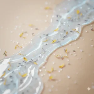 Illustration showing the soothing effect of non toxic bath salts on sensitive skin with gentle water ripples.