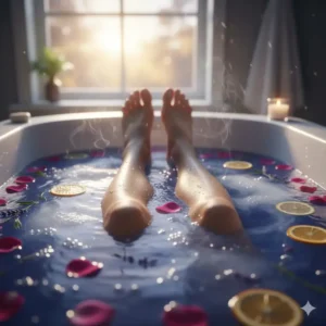 A person's legs submerged in a bathtub filled with water tinted by scented bath crystals, promoting deep relaxation and muscle relief.