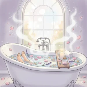 Image of steam rising from a soothing bath with floating flowers, emphasizing the stress relief and calming effect of aromatic fragrant bath salts.