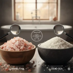 A comparison of pink Himalayan bath salts and mineral-rich Dead Sea bath salts, emphasizing their unique mineral profiles for therapeutic soaking among the best natural bath salts.