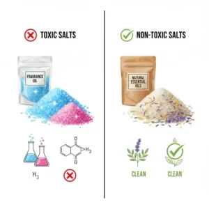 A comparison chart highlighting the difference between synthetic fragrances and clean non toxic bath salts.
