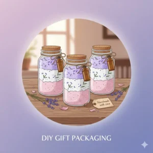 Beautifully packaged DIY gift jars containing bath salts and essential oils.