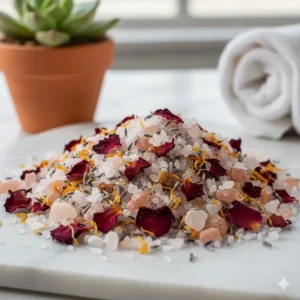 Close-up of dried rose petals and calendula mixed into aromatherapy bath salts for a luxury spa experience.
