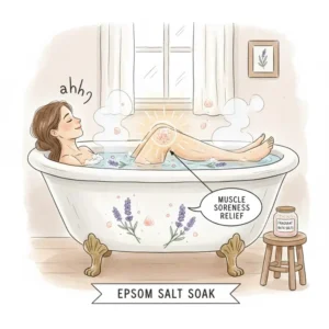 Simple illustration of a person soaking their legs in a tub, highlighting how Epsom salt in the fragrant bath salts aids in muscle soreness relief.