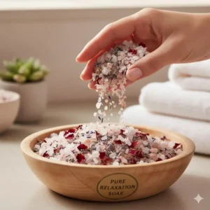 A hand gently scooping a handful of colorful organic bath salts from a wooden bowl, showing texture and fragrance.