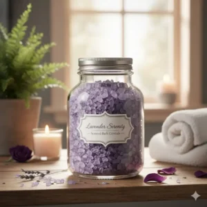 A clear glass jar filled with lavender scented bath crystals on a bathroom shelf, highlighting the product's packaging and aroma.