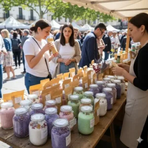 An artisan farmers market stall featuring handmade jars for customers asking where do i get bath salts that are natural.