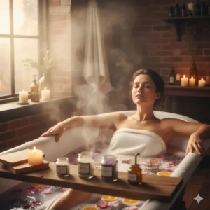 A person relaxing in a warm bath with steam rising, soaking in the therapeutic benefits of natural bath salts.