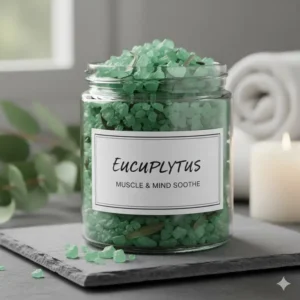 Green eucalyptus fragrance bath salts in a glass jar highlighting muscle relief benefits.