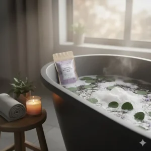 Visual display of different types and popular essential oil scents available for bath salts for sale, including lavender and eucalyptus.