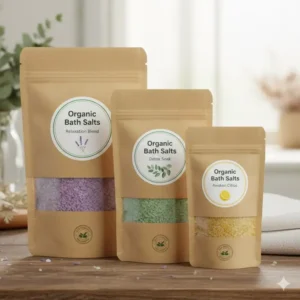 Environmentally friendly, recyclable paper packaging for the natural and organic bath salts product line.