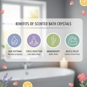A graphic illustrating the key benefits of scented bath crystals, such as skin softening, stress reduction, and aromatherapy.