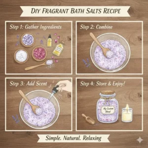 Step-by-step graphic for a simple DIY recipe on how to make your own custom scented fragrant bath salts at home.