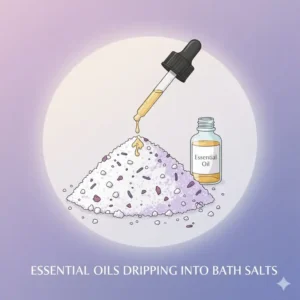 Close up of a glass dropper adding lavender bath salts and essential oils.