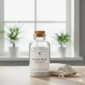 Sustainable glass bottle packaging of luxury fragrance bath salts with a minimalist label.