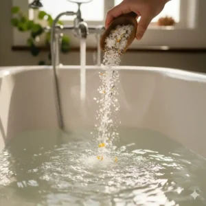 Hand pouring non toxic bath salts into warm running bath water for a clean aromatherapy experience.