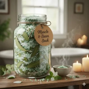 Invigorating bath soak blend with green eucalyptus and white peppermint natural bath salts for muscle relief and sinus clarity.
