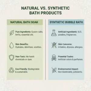 Illustration 4: A comparison chart highlighting the eco-friendly and non-toxic advantages of using a natural bath soak over synthetic alternatives.