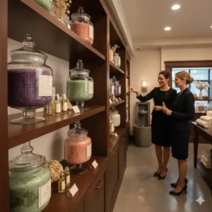 A luxury wellness boutique interior designed for those searching where do i get bath salts of high quality.
