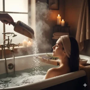 A person enjoying a deeply relaxing bath soak with a scoop of the best natural bath salts, showing steam and a tranquil bathroom setting.