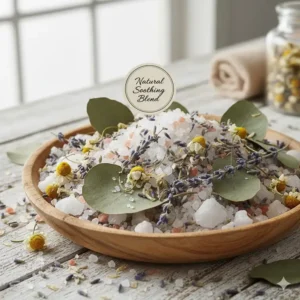 Dried chamomile flowers and eucalyptus leaves blended into high-quality organic bath salts for skin soothing benefits.