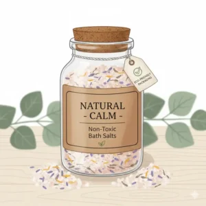 Eco-friendly glass jar packaging for organic non toxic bath salts with a recycled paper label.