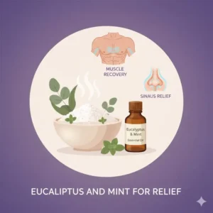 Refreshing eucalyptus bath salts and essential oils for muscle recovery.