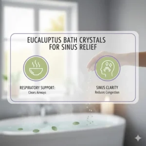 Steaming water with eucalyptus scented bath crystals, suggesting relief and clarity for sinuses and respiratory congestion.