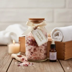 Photo of a beautifully packaged luxury fragrant bath salts gift set with ribbons and a tag, perfect for a spa-themed present.