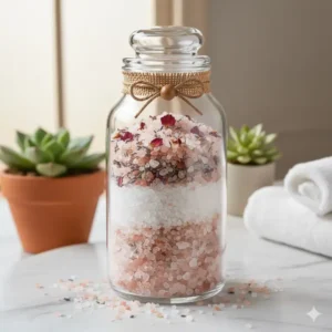 An airtight glass apothecary jar filled with layered aromatherapy bath salts and tied with a burlap ribbon.