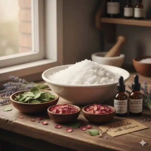 Ingredients for making natural bath salts, including bowls of Epsom salt, pure essential oils, and dried herbs on a wooden countertop.