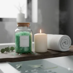 A relaxing spa setup featuring fragrance bath salts, a lit candle, and a rolled white towel.