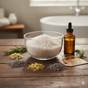 Ingredients laid out for a DIY recipe using the best natural bath salts: coarse sea salt, dried herbs, and an amber bottle of a carrier oil.
