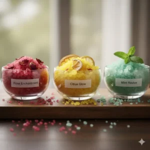 Three small bowls containing different varieties of fragrance bath salts including rose, citrus, and mint.