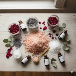 Natural minerals and botanical elements showing where do i get bath salts components for DIY recipes.