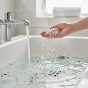 A hand pouring a handful of aromatherapy bath salts into running warm bath water.