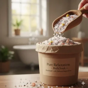 A wooden scoop measuring natural bath salts from a large container, emphasizing the natural and plastic-free packaging.