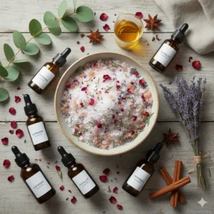 Flatlay view of organic ingredients for making bath salts and essential oils.