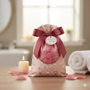 A decorative bag of pink, rose scented bath crystals, tied with a ribbon, presented as an ideal self-care or pampering gift.