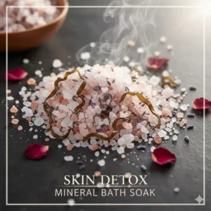 Close-up texture shot of mineral-rich sea salts, illustrating the skin detox and exfoliation benefits of a fragrant bath salts soak.
