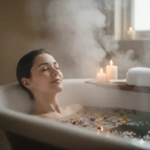 A person relaxing in a bathtub with steam rising, emphasizing the wellness benefits of using non toxic bath salts.