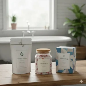 Three packages of the best natural bath salts brands displayed, focusing on sustainable and eco-friendly packaging.