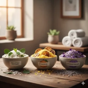 Three different bowls of aromatherapy bath salts featuring eucalyptus, citrus, and lavender scents.