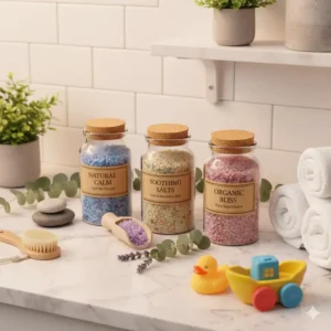 A family-friendly bathroom shelf displaying jars of non toxic bath salts safe for sensitive skin and children.