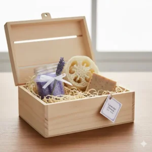 A curated wellness gift box featuring a jar of fragrance bath salts and a natural loofah sponge.